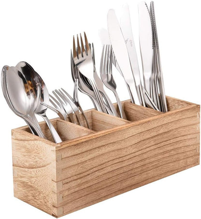 Kitchen Cutlery Holder with 4 Compartments, Wood Utensil Organizer Stand, Silverware Storage Kitchen Flatware Caddy for countertop