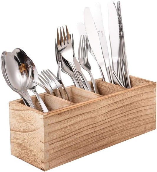 Kitchen Cutlery Holder with 4 Compartments, Wood Utensil Organizer Stand, Silverware Storage Kitchen Flatware Caddy for countertop