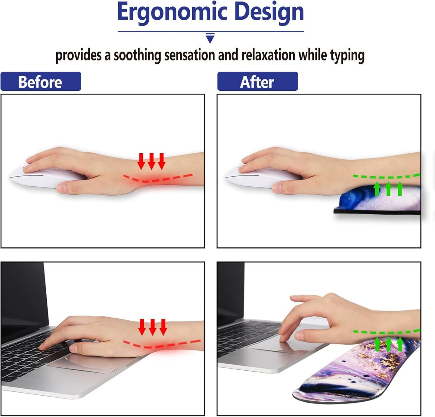 ArtSo Keyboard Wrist Rest and Mouse Pad with Wrist Support Set Ergonomic Coaster, Memory Foam Mousepad 4 in 1 Non-Slip Rubber Base Durable Comfortable for Easy Typing Pain Relief, Purple Marble