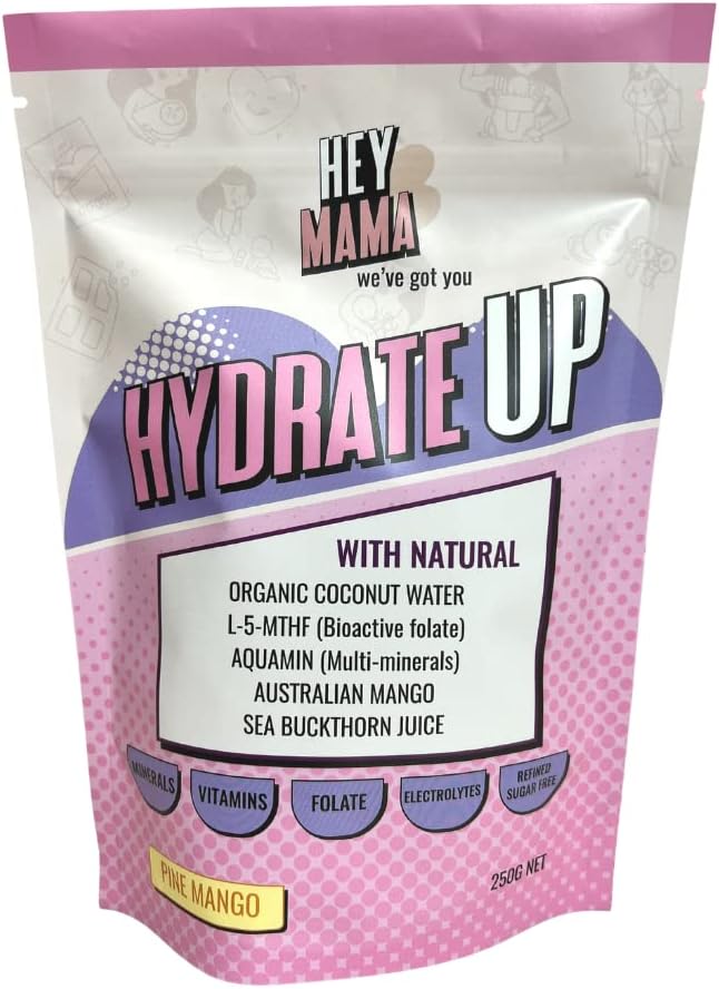 Hey Mama Hydrate Up - Clean Hydration, Essential Electrolytes, Highly bioactive folate, Vitamins and Minerals - 250g Pine Mango 25 Serves