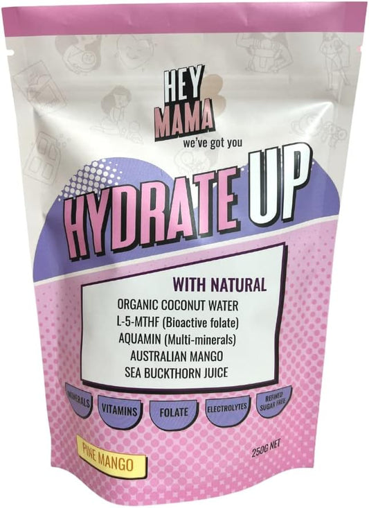 Hey Mama Hydrate Up - Clean Hydration, Essential Electrolytes, Highly bioactive folate, Vitamins and Minerals - 250g Pine Mango 25 Serves