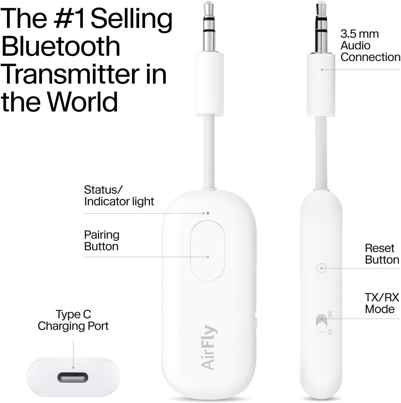 Twelve South 4353 Airfly Pro | Wireless Transmitter/Receiver with Audio Sharing for Up to 2 Airpods/Wireless Headphones to Any Audio Jack for use On Airplanes, Boats or in Gym, Home, Auto