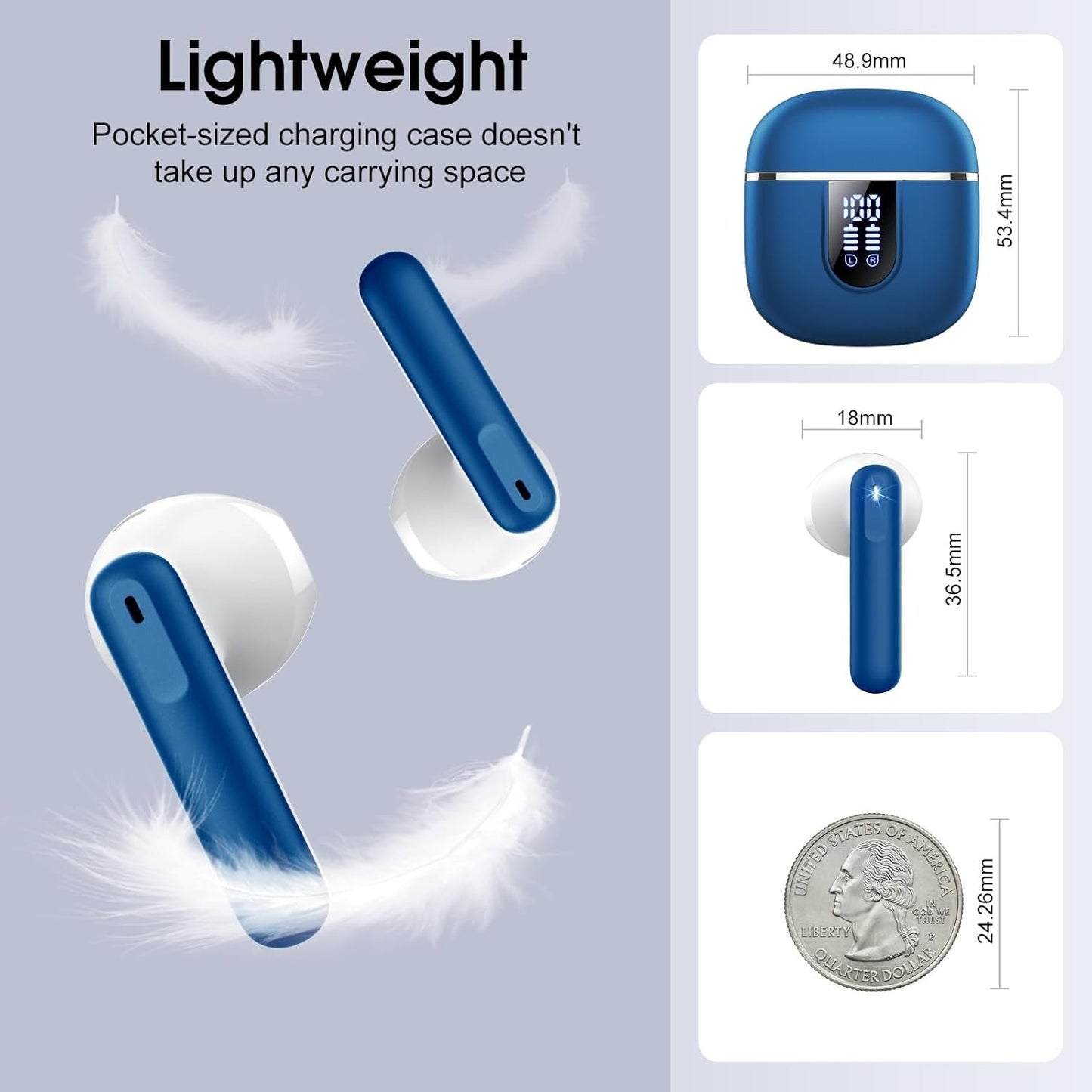 Wireless Earbuds, Bluetooth Ear Buds 5.4 Mini HiFi Stereo with 4 ENC Noise Cancelling Mics Wireless Headphones, 40H in Ear Earphones, USB C, IP7 Waterproof Bluetooth Headphones for Sports, Blue
