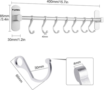 Poprkdre Kitchen Utensil Holder with 7 Hooks, 40 cm Kitchen Utensil Bar, Kitchen Utensils Holder for Kitchen Gadgets / Pot/Ladle, Aluminium, Matt Silver