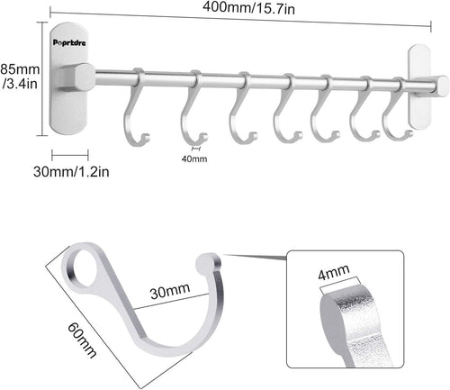 Poprkdre Kitchen Utensil Holder with 7 Hooks, 40 cm Kitchen Utensil Bar, Kitchen Utensils Holder for Kitchen Gadgets / Pot/Ladle, Aluminium, Matt Silver