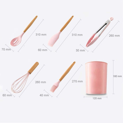 Hubei Silicone Kitchen Utensils Set Kitchen Utensils Wooden Handles Heat Resistant Kitchen Gadgets Grey Kitchen Utensils Non-Stick (Pink-12pcs)