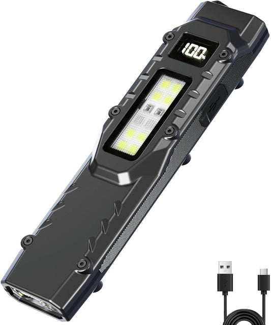 Ciwuzxs EDC Tactical Flashlight DT007, Compact 7 Mode Pocket LED Flashlight - 1500LM, USB-C Rechargeable Digital Display, IPX5 with Side Light and Clip for Everyday Carry Travel (1, Black)