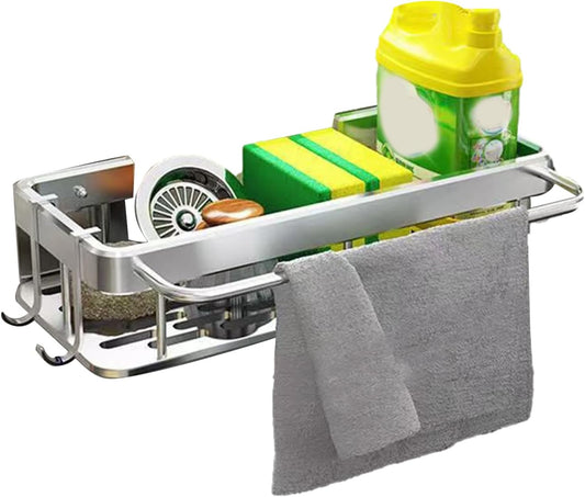Gvblkq Kitchen Sink Organizer, Sponge Rack, No Drilling Installation, Compact Storage Basket, Brush Holder Design, Rust Resistant Material, for Sponges, Wipes, Cleaning Solution, 30.5x13x5.5cm