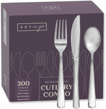 SETUP [300 Count] Disposable Silverware, Silver Combo Cutlery - 100 Forks, 100 Spoons, 100 Knives - Heavy Duty, and Durable Silver Silverware Great for Parties, Events, and Everyday use