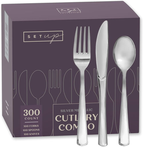 SETUP [300 Count] Disposable Silverware, Silver Combo Cutlery - 100 Forks, 100 Spoons, 100 Knives - Heavy Duty, and Durable Silver Silverware Great for Parties, Events, and Everyday use