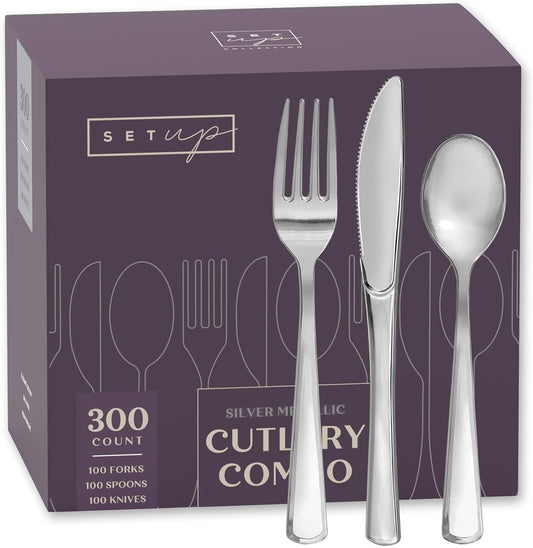 SETUP [300 Count] Disposable Silverware, Silver Combo Cutlery - 100 Forks, 100 Spoons, 100 Knives - Heavy Duty, and Durable Silver Silverware Great for Parties, Events, and Everyday use