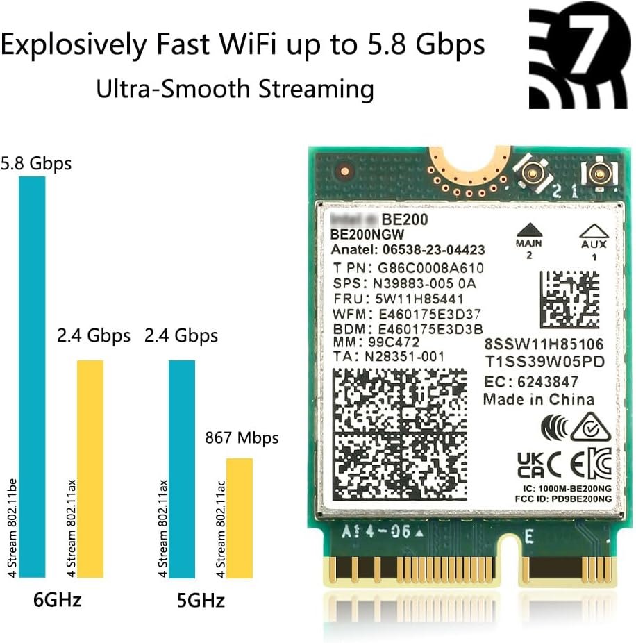 M.2 WiFi 7 Card Key E BE200 Wireless BT5.4 WiFi Network Adapter 2.4G/5G/6GHz 9.3Gbps for WiFi7/WiFi6E/WiFi6/WiFi5 Router Gaming PC Laptops Support Windows 10/11 Not Support AMD Motherboards
