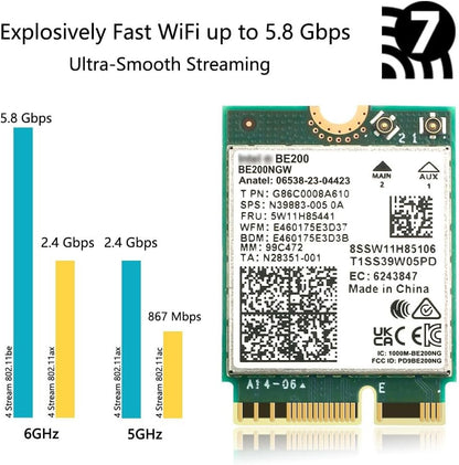 M.2 WiFi 7 Card Key E BE200 Wireless BT5.4 WiFi Network Adapter 2.4G/5G/6GHz 9.3Gbps for WiFi7/WiFi6E/WiFi6/WiFi5 Router Gaming PC Laptops Support Windows 10/11 Not Support AMD Motherboards