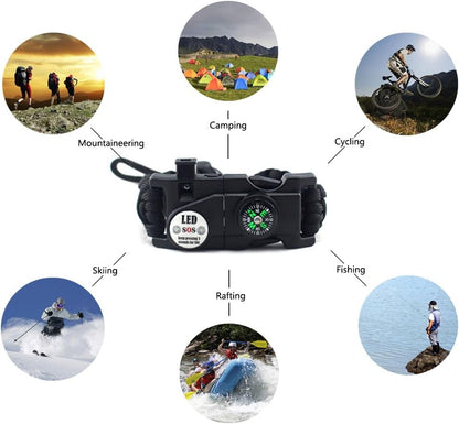 Adjustable Survival Bracelet, 7 Core Paracord 20 in 1 Emergency Sports Wristband Gear Kit with Waterproof LED SOS Light, Compass, Rescue Whistle, Fire Starter Multi-tool for Wilderness Adventure