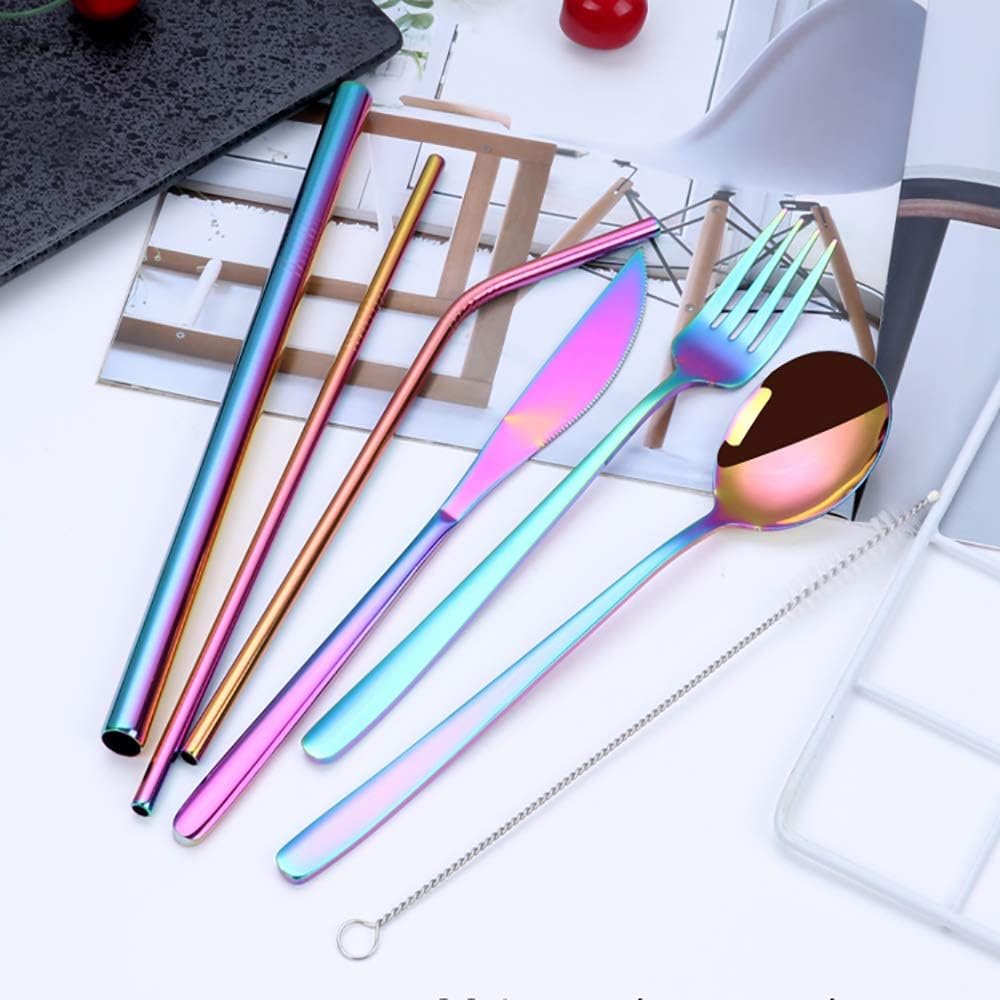 Travel Utensils Set with Case, Reusable Stainless Steel Cutlery Set for Lunch Bag, Portable Camping Utensils Set for Lunch Box, Flatware Silverware Set Including Spoon and Fork (Rainbow)