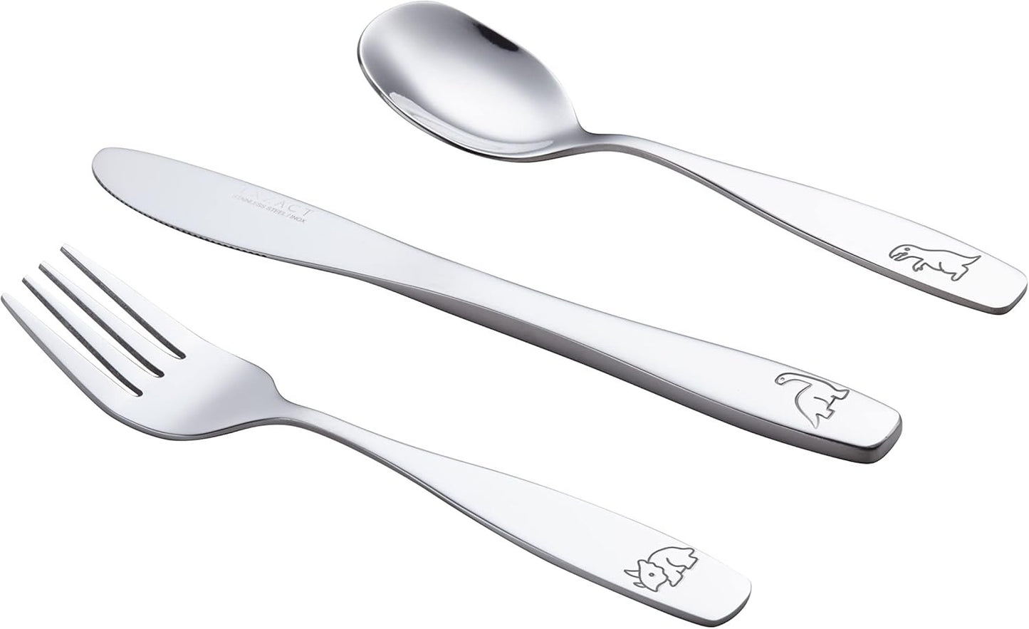 Exzact Children's Cutlery Stainless Steel 6pcs Kids Cutlery Flatware Toddler Utensils - Forks, Knives, Spoons - Dishwash Safe - 2 Years+ - Engraved Dinosaurs