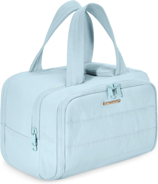 BAGSMART Travel Toiletry Bag, Lightweight Large Wide-Open Travel Bag for Women, Puffy Cosmetic Makeup Bag Organizer with Handle for Accessories,Essentials, Toiletries, Blue