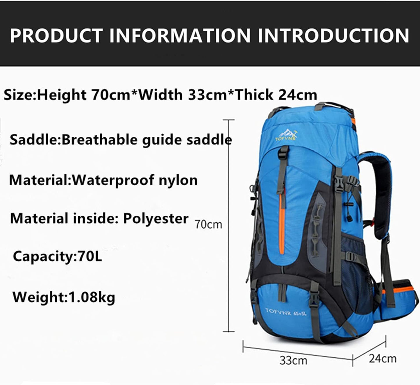 Kingsea 70L Large Camping Hiking Backpack With Waist Belt, Lightweight Nylon Trekking Waterproof Rucksack For Men Women Mountain Climbing, Travel, Outdoor Sports Backpacking Gear