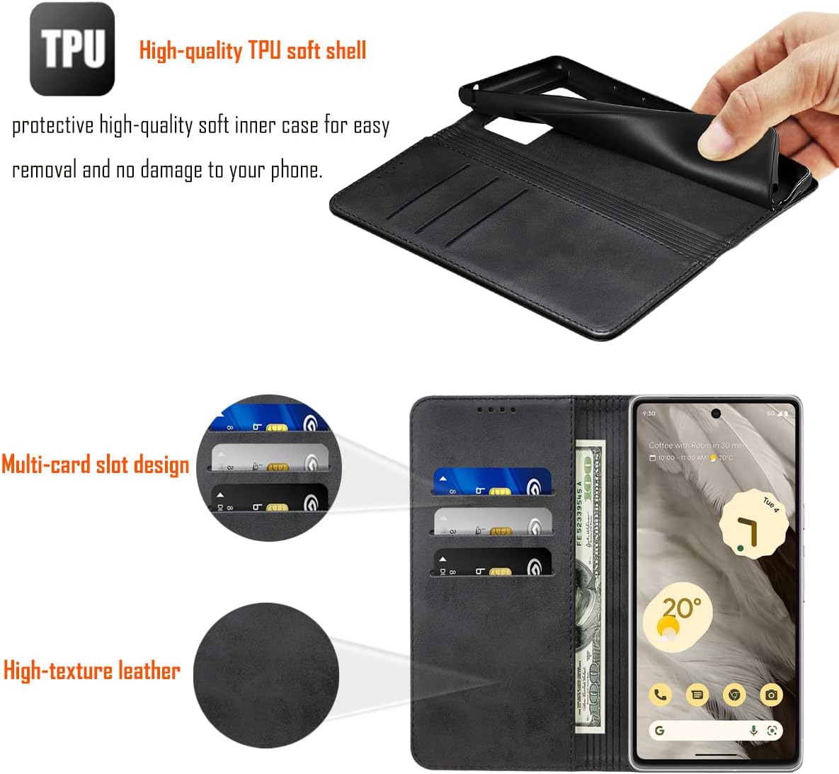 LANJLM Google Pixel 7 Case with Wrist Strap PU Leather Pixel 7 Wallet Case Card Holder Shockproof Google 7 Flip Cover - Black
