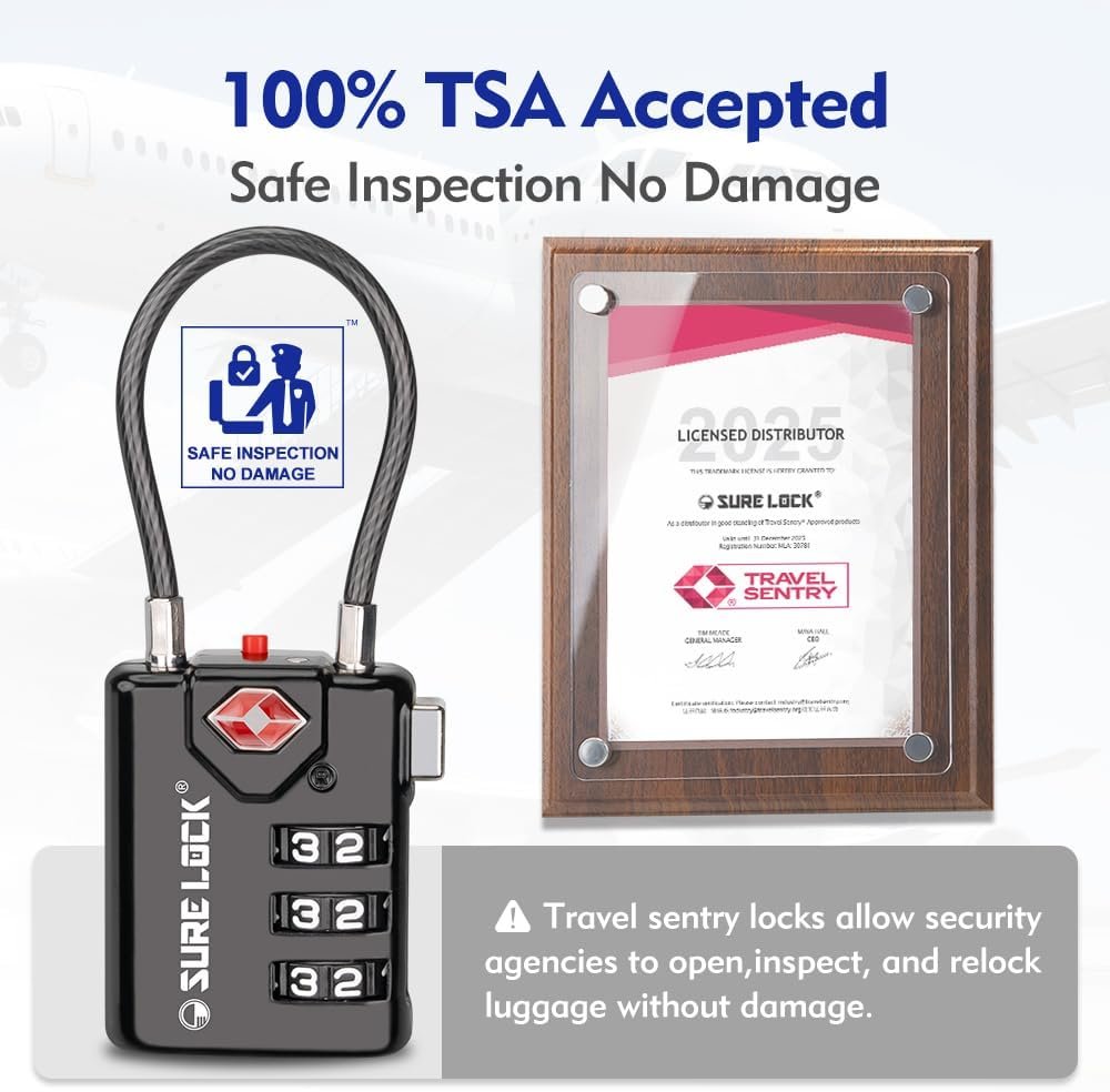 SURE LOCK TSA Compatible Travel Luggage Locks, Inspection Indicator, Easy Read Dials TSA Approved with Zinc Alloy, BLACK 4 PACK, earnest