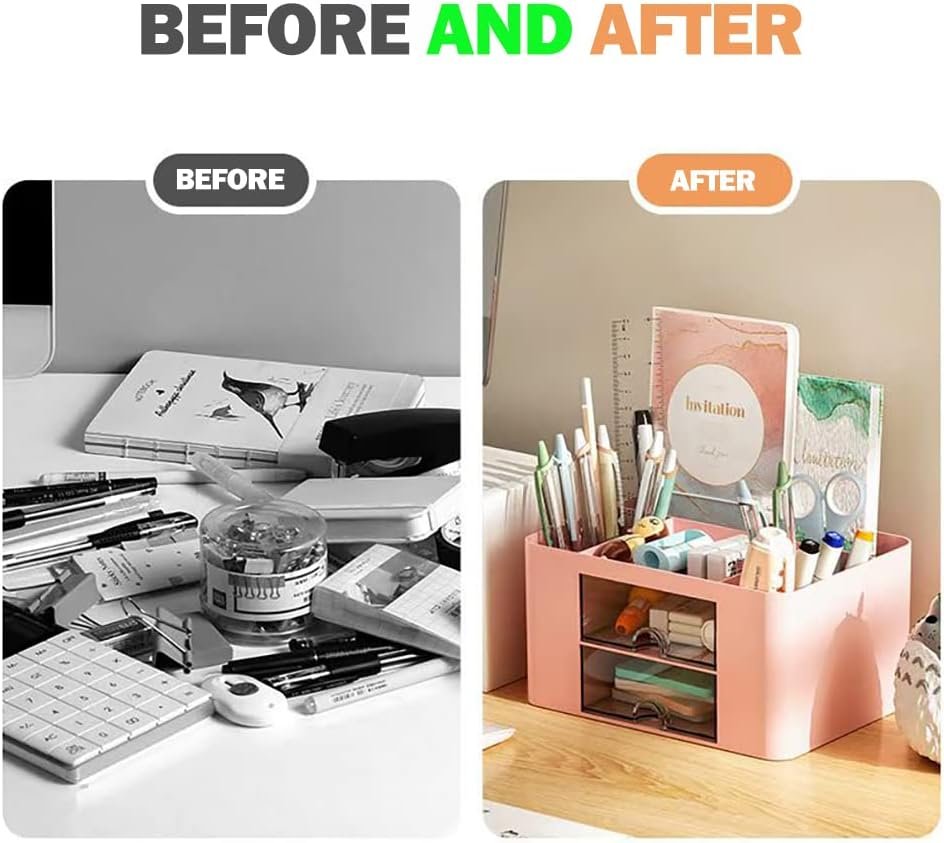 Creative Simple Desk Organiser, 7 Grids, Plastic Table Organiser with Drawer, Multifunctional Desk Organiser, Pen Holder for School, Office, Home (White)