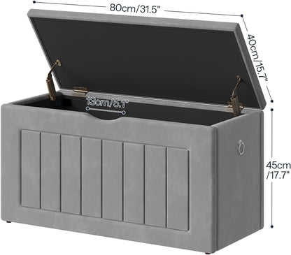 HOOBRO Storage Chest, 80 cm Velvet Upholstered Toy Chest, Sturdy Storage Bench, Storage Trunk with Safety Hinges and Pull Rings, Shoe Bench for Kids Room, Bedroom, Living Room, Gray GY208CW01