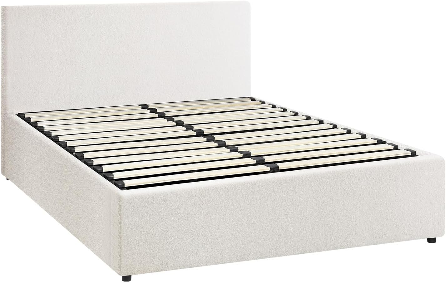 Oikiture Bed Frame Doubel Size Gas Lift Storage Base Boucle Fabric Material White