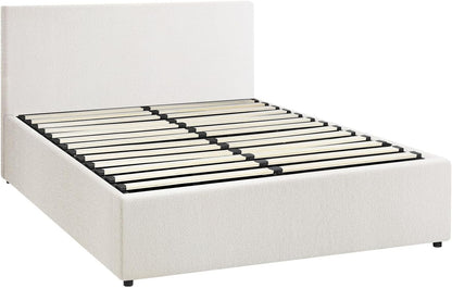 Oikiture Bed Frame Doubel Size Gas Lift Storage Base Boucle Fabric Material White