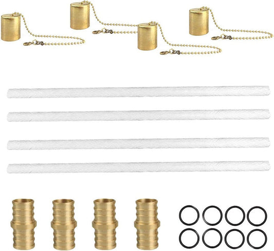 Brass Torch Wick Kit – Oil Lamp Replacement Set with 8 Long-Lasting Wicks, Copper Cap & Brass Mount | Wine Bottle Torch Hardware for Patio, Garden, Tabletop Lighting and Outdoor Ambience