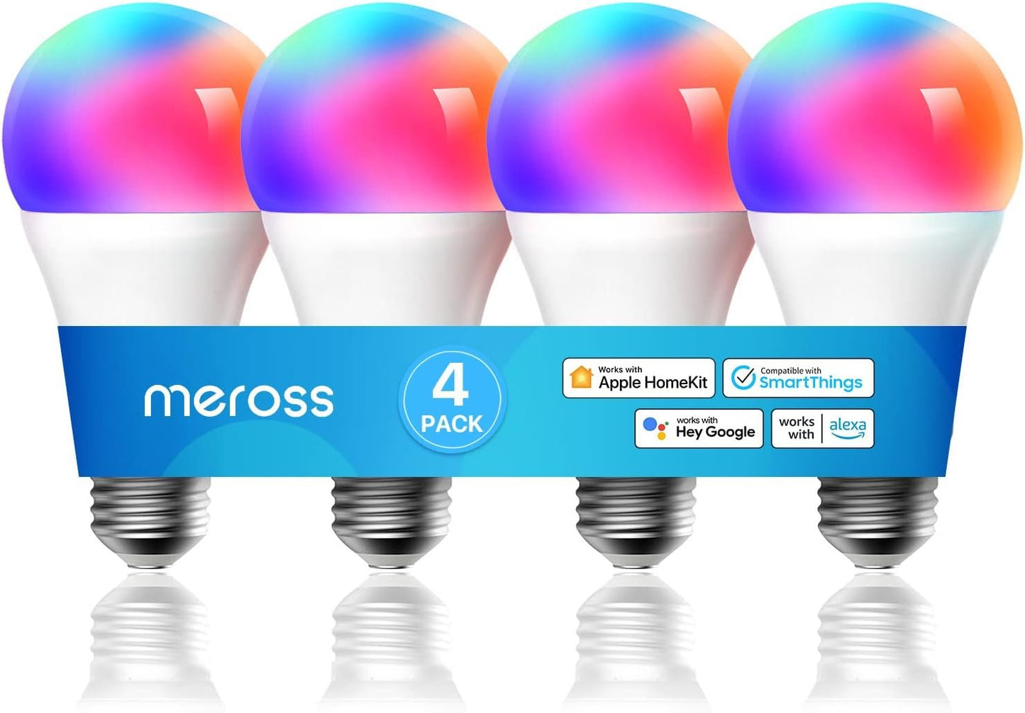 meross Smart Light Bulb, Smart WiFi LED Bulbs Compatible with Apple HomeKit Siri, Alexa, Google Assistant and SmartThings, Dimmable E27 Multicolor 2700K-6500K RGBCW, 810 Lumens 60W Equivalent, 4 Pack