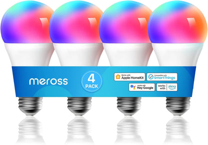 meross Smart Light Bulb, Smart WiFi LED Bulbs Compatible with Apple HomeKit Siri, Alexa, Google Assistant and SmartThings, Dimmable E27 Multicolor 2700K-6500K RGBCW, 810 Lumens 60W Equivalent, 4 Pack