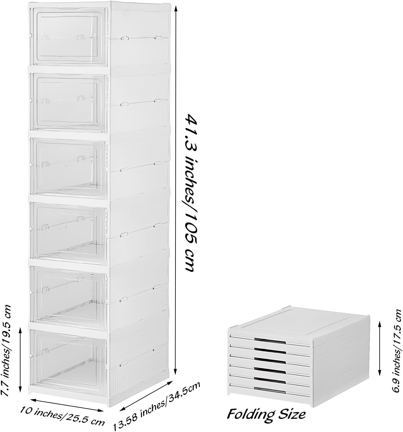 FUYUN Plastic Shoe Organizer - Stackable and Foldable 6-Tier Shoe Boxes for Closet, Clear and Space-Saving Sneaker Containers, No Assembly Required