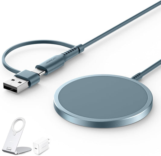 JSAUX Magnetic Wireless Charger Compatible with MagSafe Charger, Magnetic Charger Stand for iPhone 15/15 Pro/15 Plus/15 Pro Max/14 13 12, Magnet Charging Pad (Blue) with 20W PD Adapter and Metal Stand