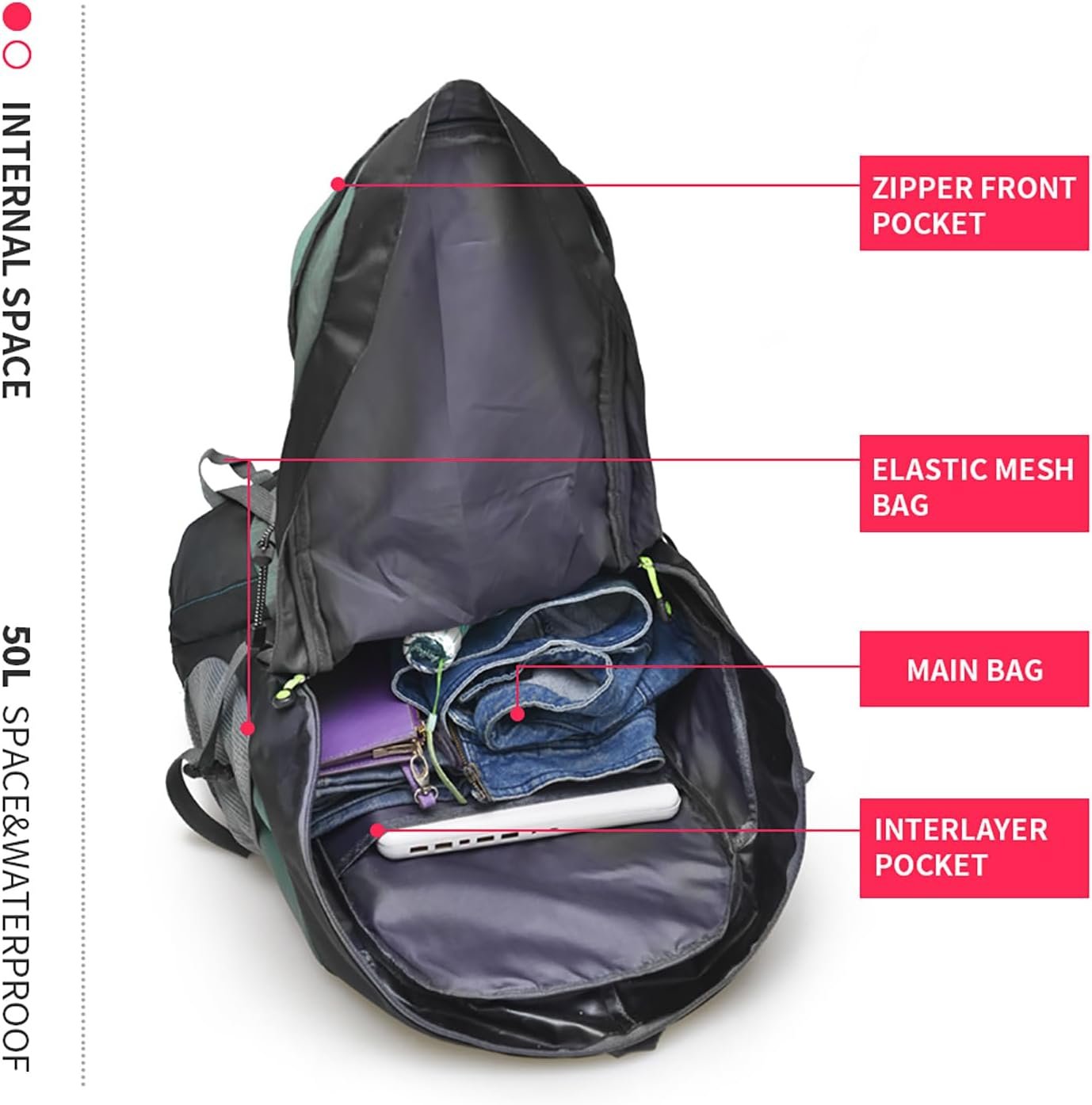 Bseash 50L Lightweight Water Resistant Hiking Backpack, Outdoor Sport Daypack Travel Bag for Climbing Camping Touring