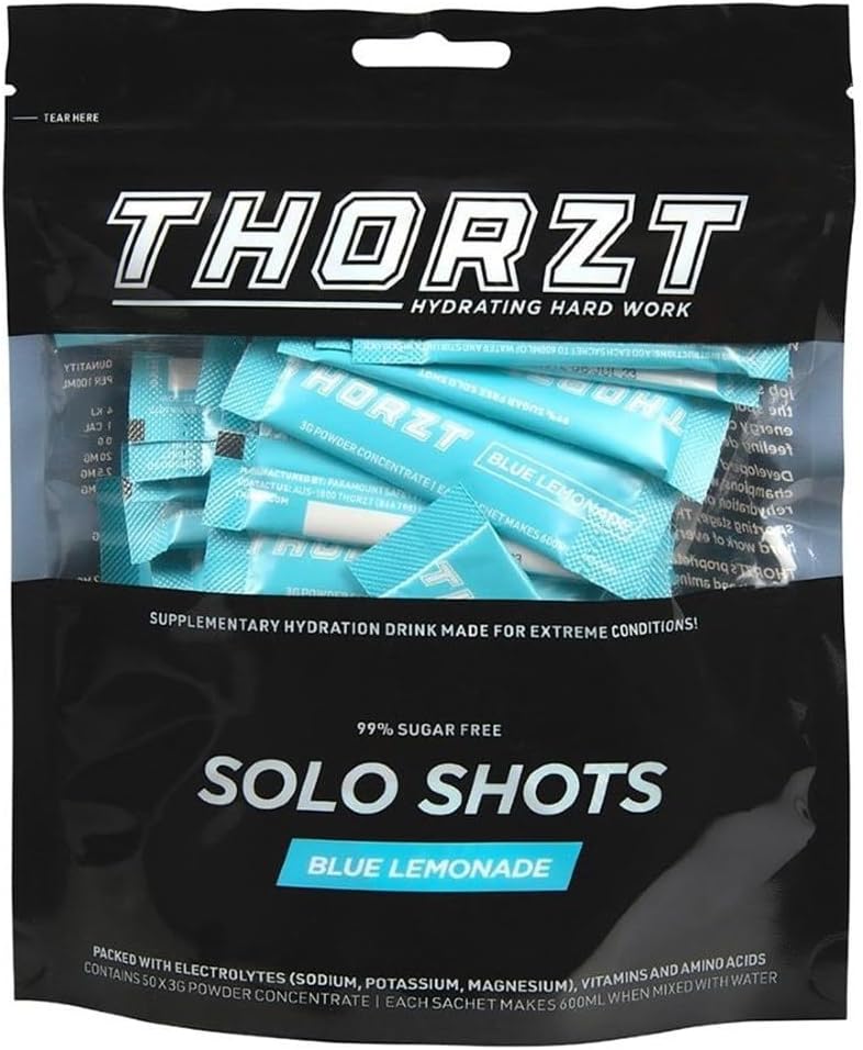 Thorzt Sugar Free Hydration Drink Solo Shots- Pack of 50 Sachets - Electrolyte (BLUE LEMONADE)