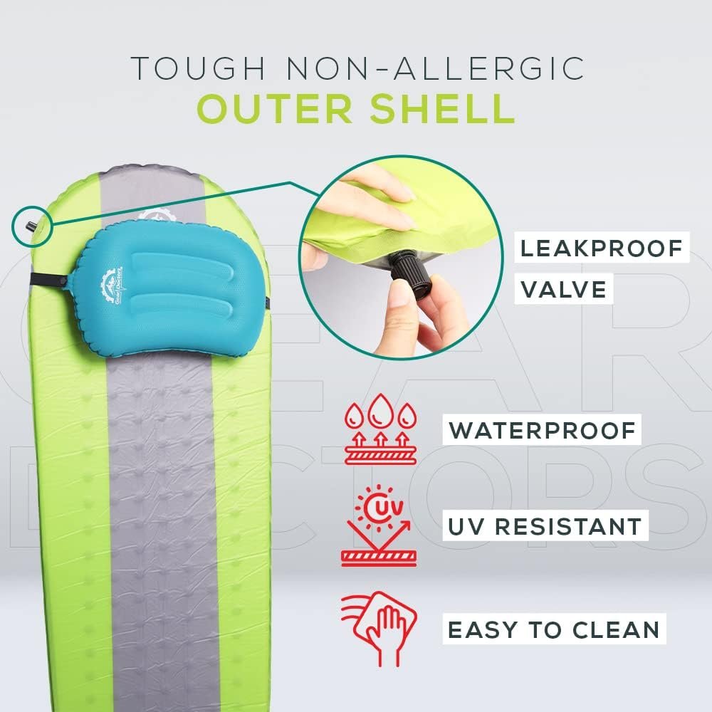 GEAR DOCTORS® Self Inflating Sleeping Pad [Waterproof] - Insulated Sleeping Pad - Self Inflating Air Mattress Camping & Backpacking - Memory Foam Camping Mattress - Camp Sleeping Mats (4.3 R-Value)