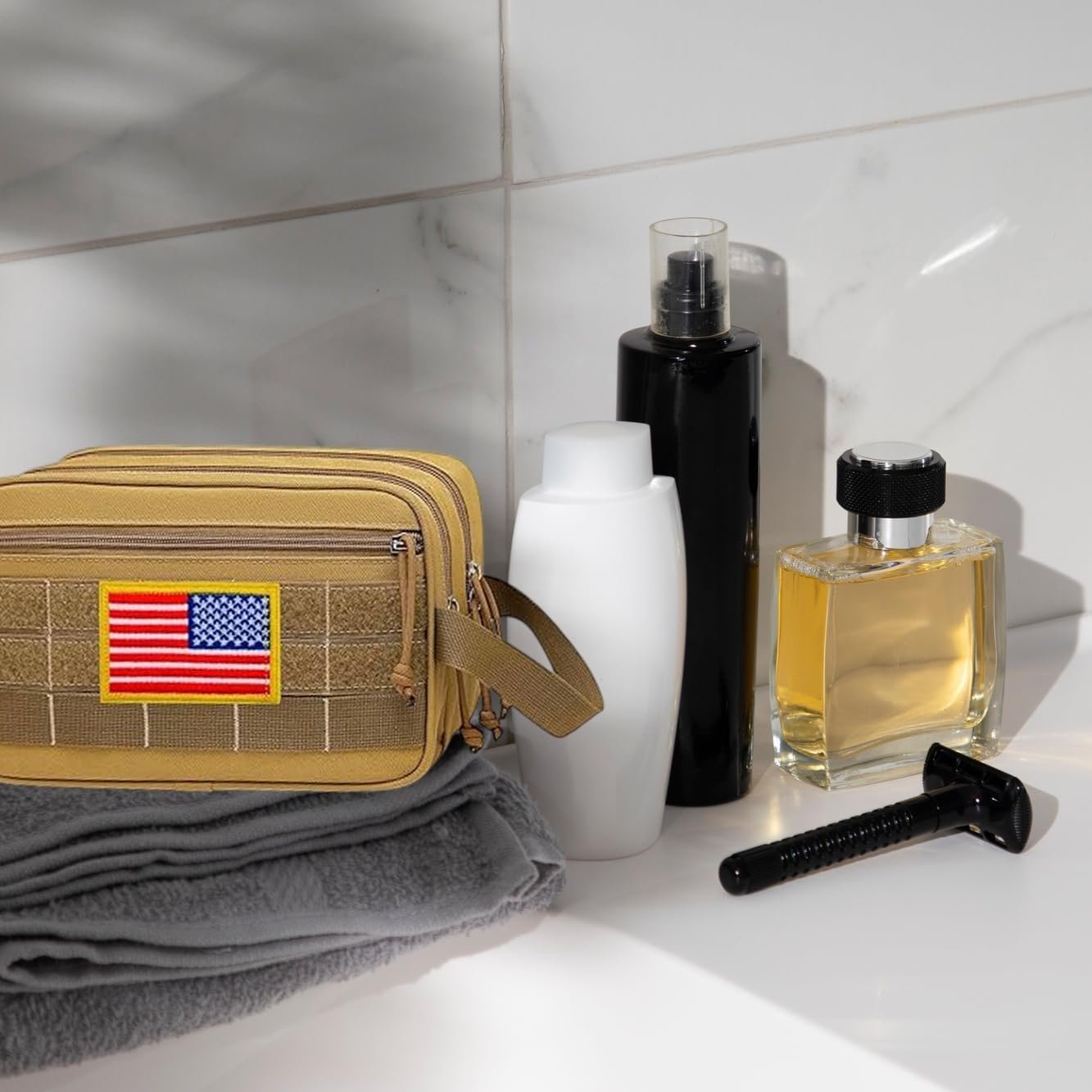 Tactical Toiletry Bag for Men Brown Polyester Travel Organizer Water-Resistant Dopp Kit with Compartments Durable Compact Shaving Bag with Large Capacity for Camping Military and Outdoor Use, Brown