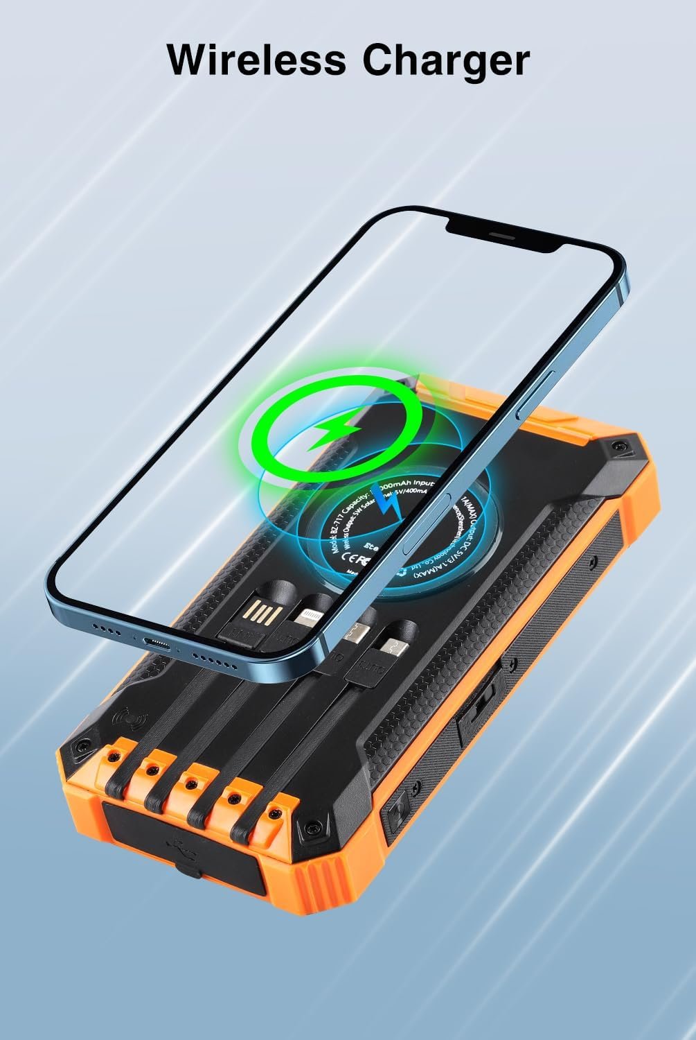 Power Bank, Solar Charger, 48800mAh Wireless Charger Built in 4 Cables Six Outputs 15W Fast Charging Battery Pack for All Mobile Devices Three Inputs Portable Charger with 2 LED Flashlights