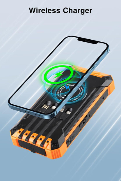 Power Bank, Solar Charger, 48800mAh Wireless Charger Built in 4 Cables Six Outputs 15W Fast Charging Battery Pack for All Mobile Devices Three Inputs Portable Charger with 2 LED Flashlights