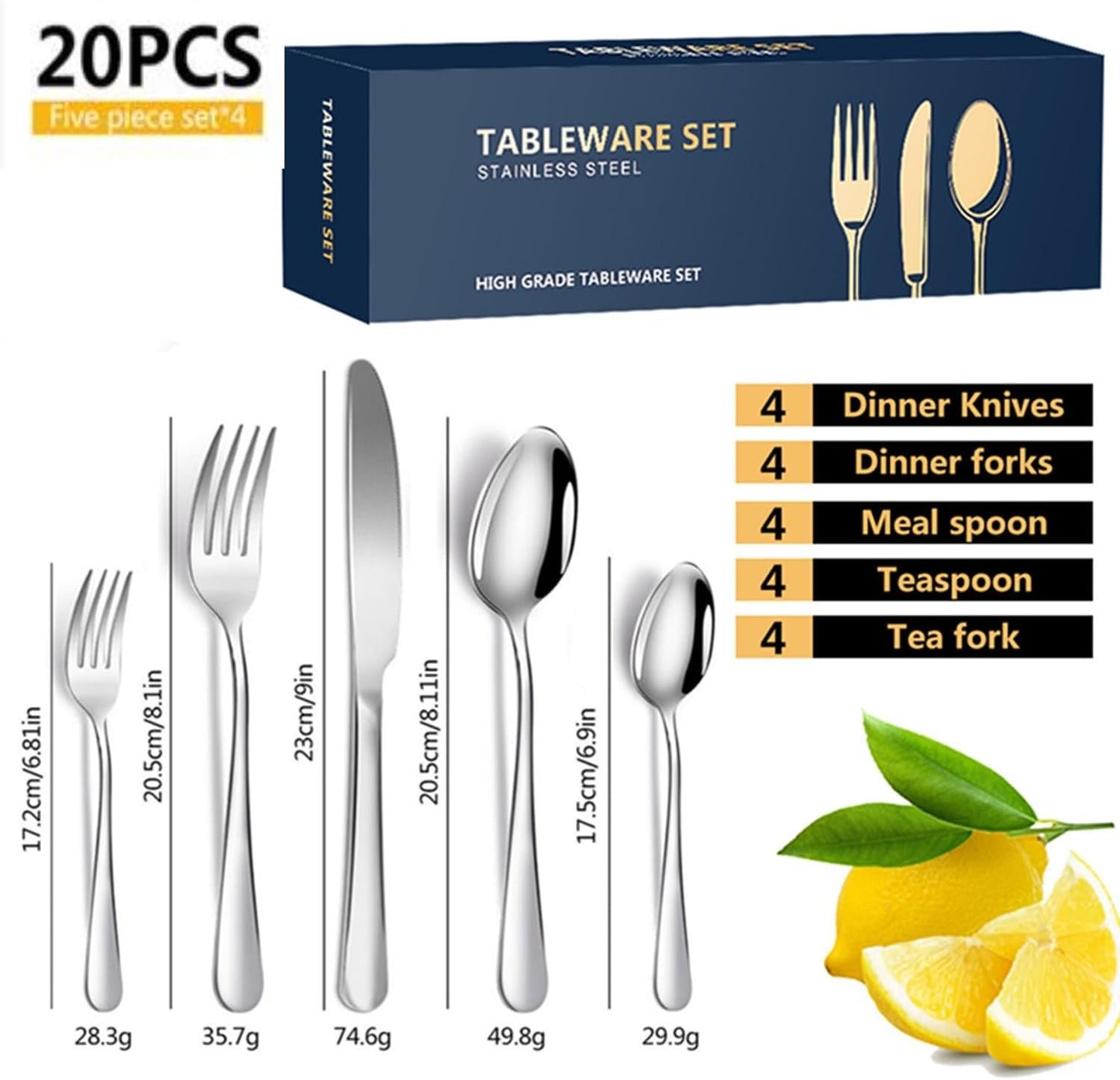 Silverware Cutlery Set,20-Piece Stainless Steel Flatware Set,Modern Tableware Utensils Set for 4 Include Knife/Fork/Spoon,Mirror Polished,Dishwasher Safe