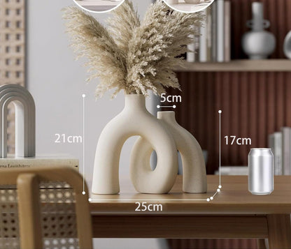 Beige Rough Texture Ceramic Vase, Decorative Arch Design, Flower Vase for Living Room Home Decor