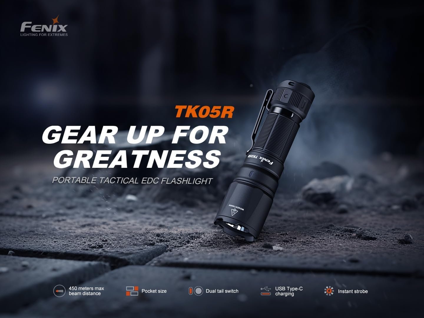 Fenix TK05R EDC Flashlight - LED Light Crafted Aluminum - Rechargeable Security Torch - Powerful Flashlight 1000 Lumens & Long Range - Waterproof LED Torch for Camping, Hiking & Emergency - Black