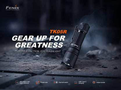 Fenix TK05R EDC Flashlight - LED Light Crafted Aluminum - Rechargeable Security Torch - Powerful Flashlight 1000 Lumens & Long Range - Waterproof LED Torch for Camping, Hiking & Emergency - Black