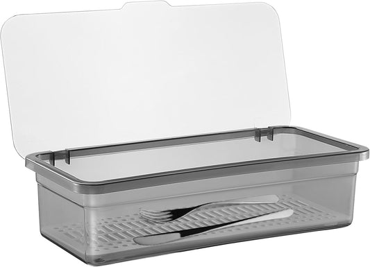 Flatware Tray Kitchen Drawer Organizer with Lid and Drainer- Plastic Kitchen Cutlery Tray and Utensil Storage Container with Cover- - Dinnerware Holder