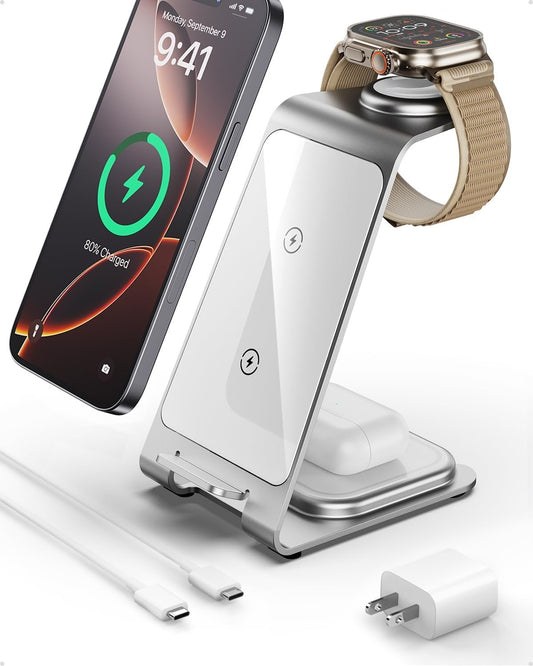 Intoval 3 in 1 Wireless Charging Station for iPhone 16 15 14 13 12 11 X Pro Max, Wireless Charger for Apple Watch 10 Ultra 3 SE 9 8 7 6 5 4 3 2, for AirPods 4 Pro Pro 2 3 (Y93, Silver)