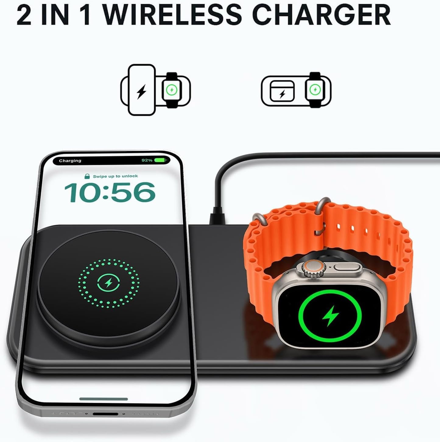 VNBBT 2 in 1 Wireless Charger for Mag-Safe Charging, 15W Fast Magnetic Wireless Charging Pad Stand for iPhone 16/15/14/13/12/Pro/Pro Max/Plus,AirPods,Apple Watch Series 10/9/8/7/6/SE/5/4/3/Ultra 2