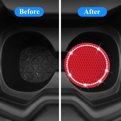 2 Car Cup Holder Coaster and 1 Crystal Rhinestone Engine Push Start Stop Button Cover Decoration, Interior Accessories for Women, Sticker Bling Ignition Ring (Blingred)