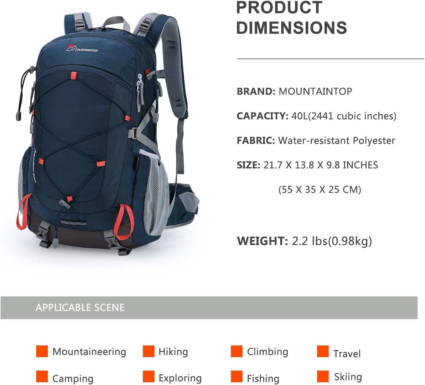 Mountaintop 40L Hiking Backpack Camping Trekking Backpack Outdoor Travel Daypack For Men Women