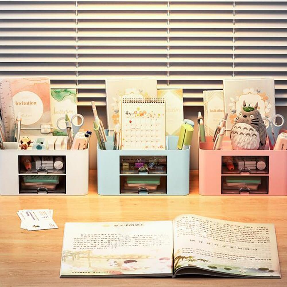 Desk Organizer Office with Drawer Pen Holder for Storage Box Accessories Organizers and Home School Multifunctional with 4 Compartments 2 Drawers Cute Plastic for Makeup Desktop Storage Organization