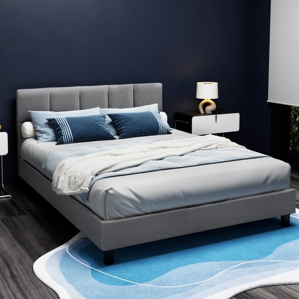 Artiss Queen Bed Frame Platform Checkered Headboard Wooden Beds Base Frames Bedroom Room Decor Home Furniture, Upholstered with Grey Faux Linen Fabric + Foam + Wood, Modern Design